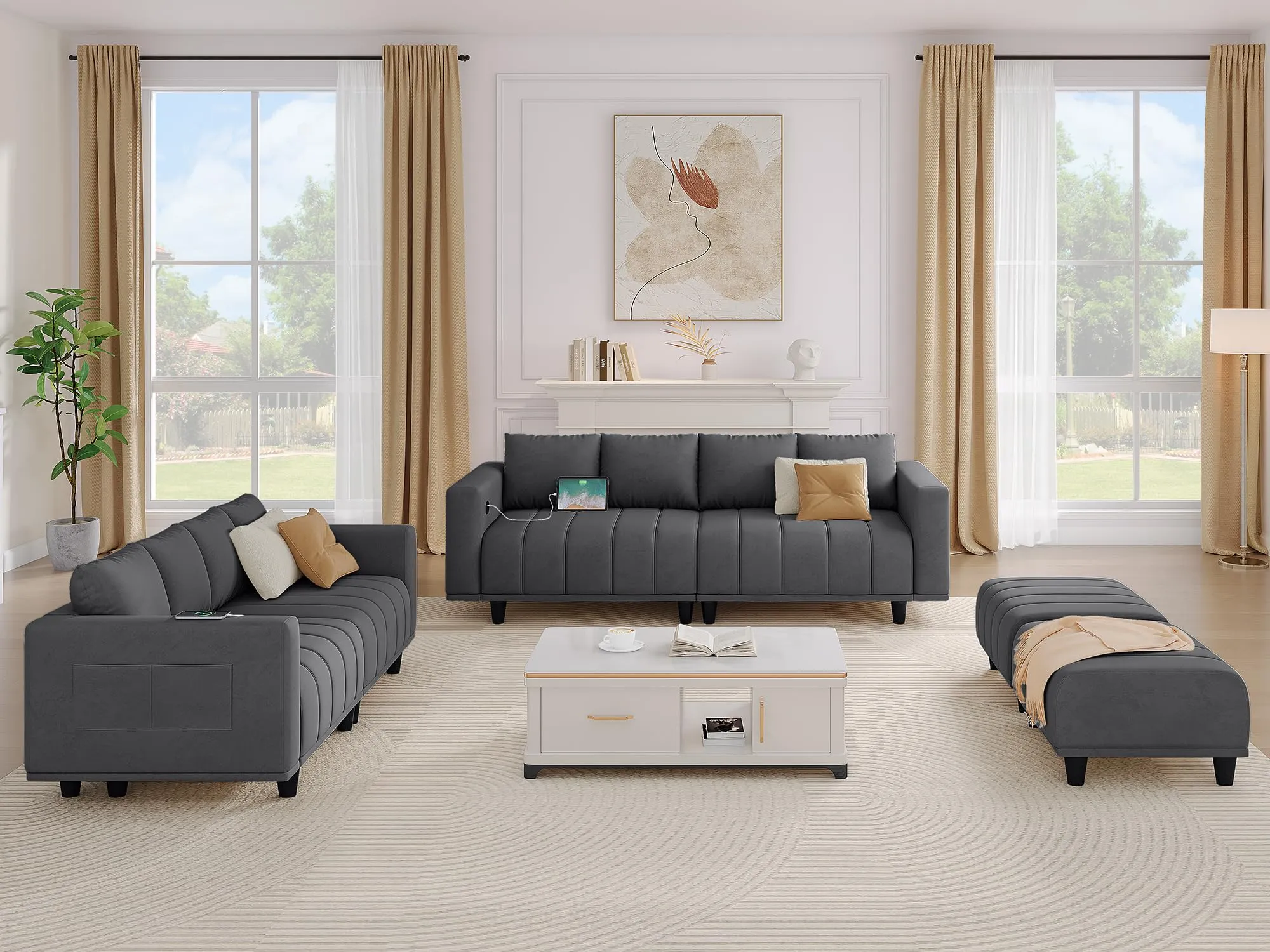 YITAHOME Sectional Couch with Ottoman 82.6" L Shaped Sofas Cloud Couch Deep Seat Velvet Modular 3 Seater Sofa with USB & Type-C Ports Reversible Ottoman for Living Room Apartment Office, Dark Grey