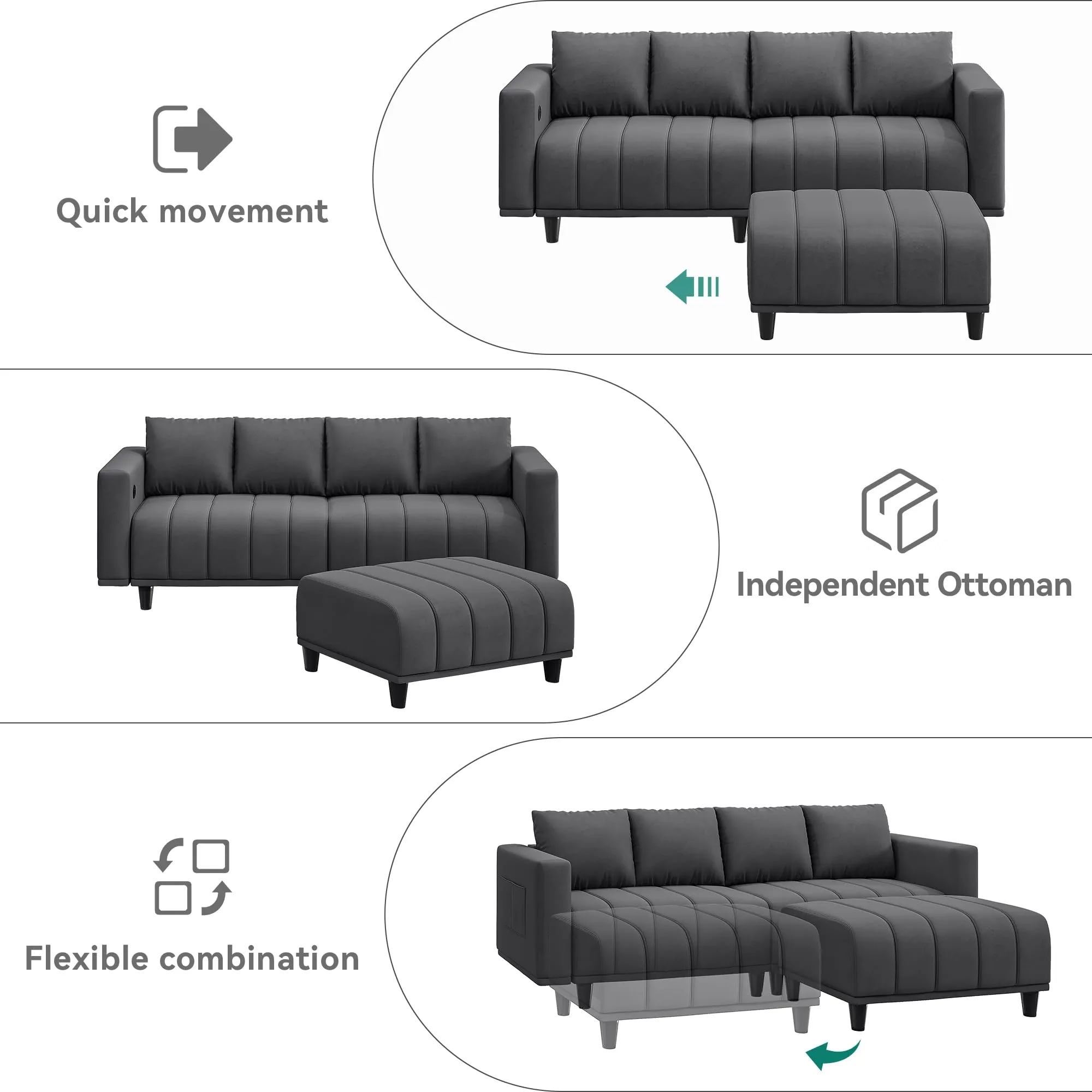 YITAHOME Sectional Couch with Ottoman 82.6" L Shaped Sofas Cloud Couch Deep Seat Velvet Modular 3 Seater Sofa with USB & Type-C Ports Reversible Ottoman for Living Room Apartment Office, Dark Grey